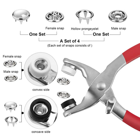 Detail view of Killer Grade Pearl Snap Button Kit With Pro Fastener Plier displaying male, female, and prong snaps for fabric repairs.