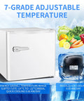 Mini Upright Freezer 1.2 Cu Ft Compact Build With Removable Slides And Adjustable Thermostat Dial In Bright White Finish with a 7-grade temperature range.