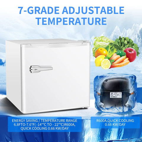 Mini Upright Freezer 1.2 Cu Ft Compact Build With Removable Slides And Adjustable Thermostat Dial In Bright White Finish with a 7-grade temperature range.