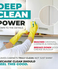 Person using Kitchen Cabinet Cleaner Kit With Brush to clean high cabinet, showing grease removal with residue free degreaser.