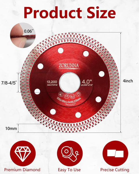 4 Inch Diamond Saw Blade with red finish for angle grinder, designed for porcelain, ceramic, and granite cutting.