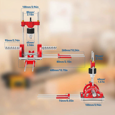 Portable Drill Guide For Dead Nuts Straight And Angled Holes Up To Sixty Degrees shown with dimensions and details.