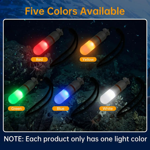 Two Pack Scuba Dive Strobe Signal Lights Mini Tank Lit Night Dive Markers Underwater LED Flashing Safety Beacons 150M Waterproof Dive Lights For Tanks Or BCDs Long Battery Life With AAA Batteries Green shown in five colors: red, yellow, green, blue, white.