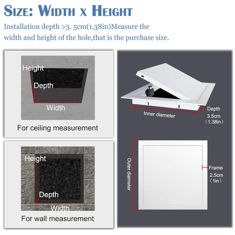Size guide for Top Tier 16 By 32 Inch Galvanized Steel Access Panel With A Slick Push To Open Track For No Sweat Drywall And Ceiling Pipe Fixes In Crisp White.