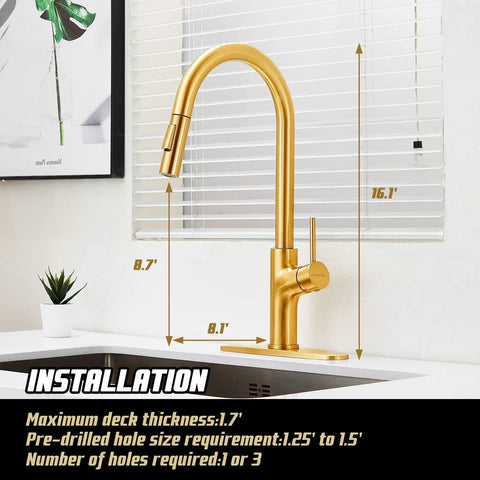 Installation view of Top Shelf Brushed Titanium Gold Kitchen Faucet With Pull Down Magnetic Docking Sprayer and dimensions