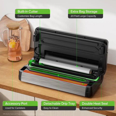 High Power Vacuum Sealer For Food With 95KPa Suction And 130W Motor with touch display open showing cutter and bag storage