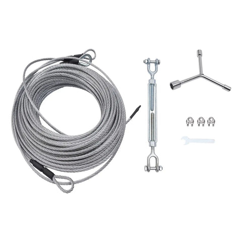 Backyard Zipline Kit With 120 Feet Of Cable Helmet Spring Brake Adjustable Harness Non Slip Gloves And All Around Safety Gear For Kids And Grownups Heavy Duty Galvanized Cable For Rust Resistant Outdoor Fun, showing coiled galvanized cable and installation tools.