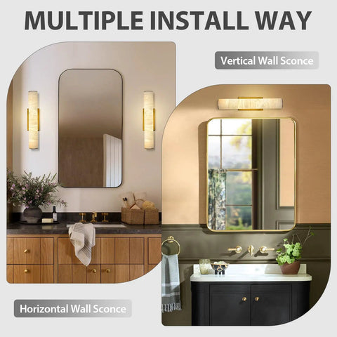 Brushed Brass And Natural Alabaster Wall Sconces Set Of Two casts a super chill ambient glow in vertical and horizontal install options.