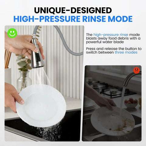 Top Shelf Pull Down Faucet Sprayer Head Replacement Heavy Duty Rust Resistant Stainless Steel With Nine Quick Snap Adapters For Hassle Free Kitchen Sink Swaps Brushed Nickel in use spraying water