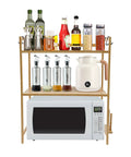 Top Shelf Heavy Duty Double Tier Microwave Stand With Cutting Board Holder And Four Utensil Hooks For Countertop Storage Kitchen Organization No Sweat Setup featuring a microwave and kitchen storage.