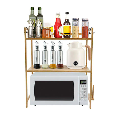 Top Shelf Heavy Duty Double Tier Microwave Stand With Cutting Board Holder And Four Utensil Hooks For Countertop Storage Kitchen Organization No Sweat Setup featuring a microwave and kitchen storage.