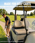 Rugged Aluminum Bluetooth Speaker With 45W Power, IP68 waterproof, attached to a golf cart, outdoor setting, in meteorite gray.