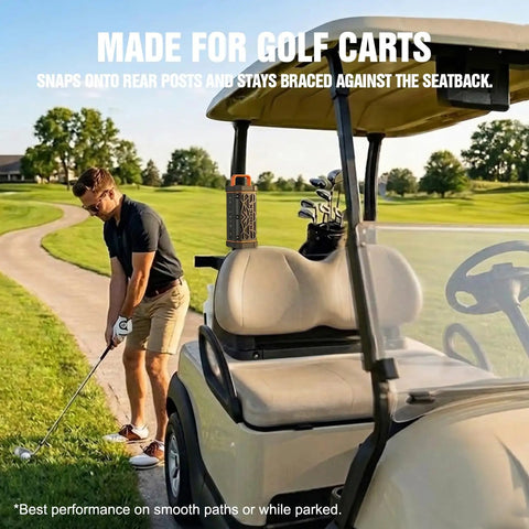 Rugged Aluminum Bluetooth Speaker With 45W Power, IP68 waterproof, attached to a golf cart, outdoor setting, in meteorite gray.