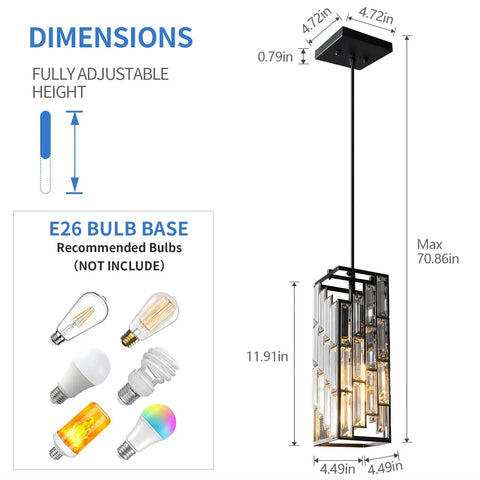 Sleek Black Pendant Lighting Set, Modern Mini Crystal Chandeliers with dimensions and E26 bulb base shown.