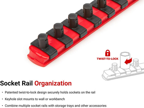 Close-up of a red socket rail with patented twist-to-lock design for 3/8 Inch Drive 6 Point Socket Set With Rails, 68 Piece.