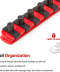 Close-up of twist-to-lock mechanism on socket rail for 3/8 Inch Drive Shallow 6-Point Socket Set with Rail, 12-Piece, 8-19 mm Metric Range.