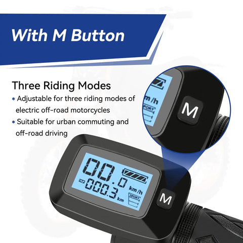 Ebike Throttle Kit With M Button For Tuttio Soleil01 Electric Dirt Bike And Tutto E Bike showing LED display with M button.