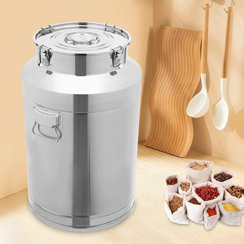 Built Tough Stainless Steel Food Storage Container With Airtight Silicone Seals And Secure Locking Clamps For Kitchen Pantry Organization And Keeping Rice Grains Fresh 12 Liter on a kitchen counter.