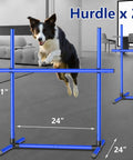 Dog leaping over blue hurdle from 6 Weave Poles Or 2 Hurdles Convertible Dog Agility Set For Indoor And Outdoor Training.