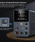 Variable Bench Power Supply With Precision Encoder Knob And Output Enable Disable Button USB Quick Charge Adjustable Voltage And Current Short Circuit Protection Compact Black Boss Grade Unit For Lab And DIY Projects with focus on output button