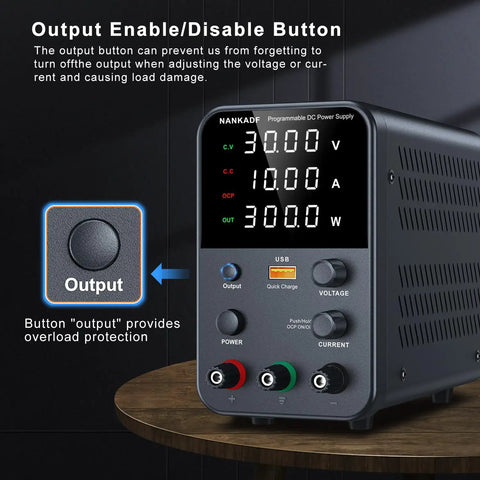 Variable Bench Power Supply With Precision Encoder Knob And Output Enable Disable Button USB Quick Charge Adjustable Voltage And Current Short Circuit Protection Compact Black Boss Grade Unit For Lab And DIY Projects with focus on output button