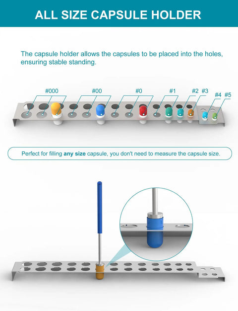 All In One Capsule Filling Tray Kit For Every Capsule Size 000 Through 5 With Holder, Includes Spoons, Spatulas, Scoops, And Tools For DIY Gel Capsules, Make Your Own Empty Capsule Fill Quickly And Easily, aluminum holder with size 000 to 5 capsule holes