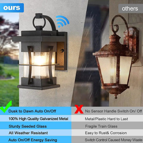 Ultra Durable Dusk To Dawn Outdoor Wall Light In Black Finish With Seeded Glass Shade IP65 Waterproof Exterior Wall Mount Fixture