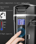 Close-up of 12V 24V Car Travel Heating Mug With Smart Temperature Control showing digital display and user control panel.