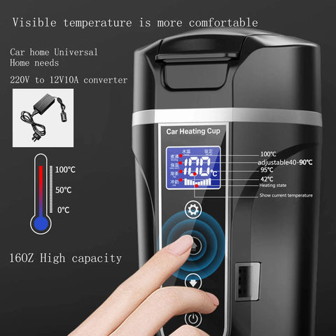 Close-up of 12V 24V Car Travel Heating Mug With Smart Temperature Control showing digital display and user control panel.