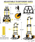 Front view of folding aluminum hand truck and dolly with yellow frame, retractable handle and 7-inch wheels