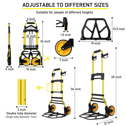 Front view of folding aluminum hand truck and dolly with yellow frame, retractable handle and 7-inch wheels