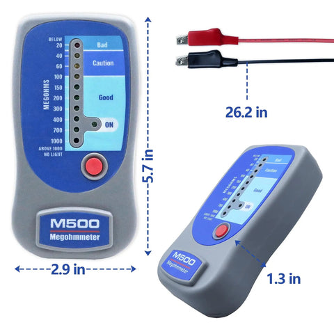 Pro Grade Insulation Tester Megohmmeter For HVAC And Electrical Systems, 1000 Megohms At 500 Volts, front and side view with cables