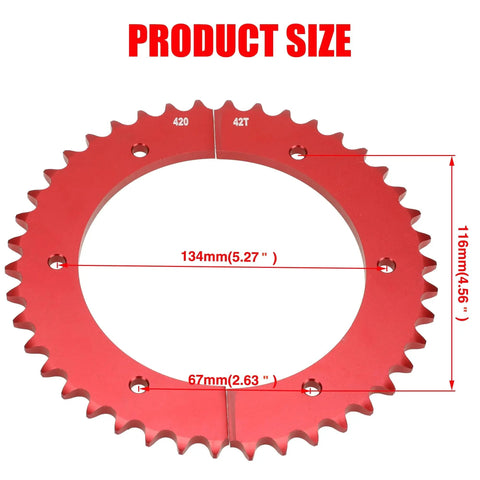 Split Sprocket For 420 Chain 42 Tooth Aluminum Rear Drive Wheel in red with product size measurements marked