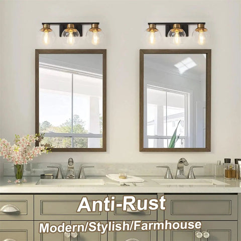 Three Light Black And Gold Vanity Light For Bathrooms Over Mirror With Globe Glass Shades, 22 Inch Modern Wall Sconce, E26 Base, Bulbs Not Included, Ideal For Bathroom, Hallway Or Bedroom
