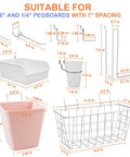 All In One Pegboard Organizer Kit 42 Pack With Large Baskets Bins Cups Hooks J And L Book Holder Wall Mount Storage For Craft Room Office Garage Shed White Pink with various sizes and measurements suitable for 1/8 and 1/4-inch pegboards with 1-inch spacing.