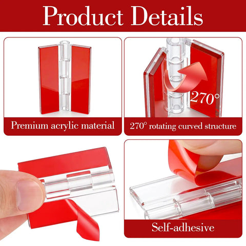 Close-up of 8 Pack Clear Acrylic Self Adhesive Hinges 45x35mm, showing 270-degree rotation and self-adhesive feature.