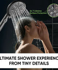 Person using 9 Function Shower Head With Built In Power Spray And Pause Button For Deep Clean Rinses, 1.8 GPM Water Saving
