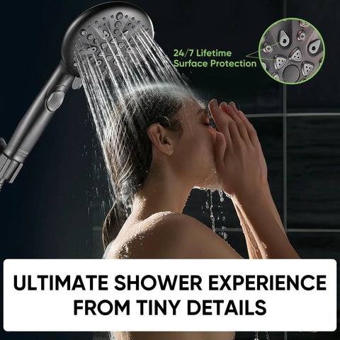 Person using 9 Function Shower Head With Built In Power Spray And Pause Button For Deep Clean Rinses, 1.8 GPM Water Saving
