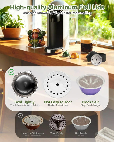 Reusable VertuoLine Capsule Kit For Nespresso Pods With 50 Aluminum Foil Seals Lids on a kitchen counter with coffee maker.