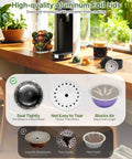 Kitchen scene with Nespresso machine, reusable VertuoLine capsule kit, and 100 aluminum foil seal lids for refilling coffee pods.