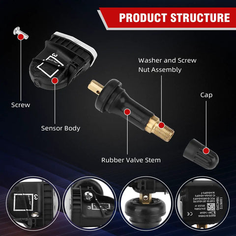 Product structure image showing components of the 315Mhz Tpms Tire Pressure Monitoring System Sensor for GM vehicles.