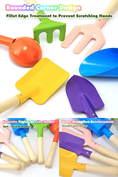 Six Piece 8 Inch Kids Garden Tools Set with colorful metal shovels and wooden handles shown for beach sandbox snow play