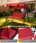 Outdoor Porch Swing With Adjustable Canopy Powder Coated Steel Frame And Heavy Duty Stand For Patio Backyard Garden Or Lawn With Comfy Cushions And Weather Resistant Glider Seat In Red