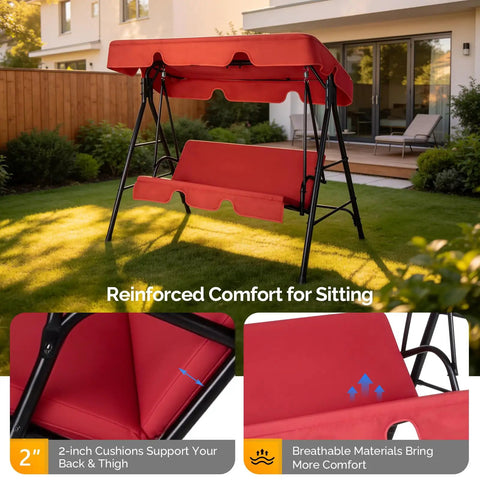Outdoor Porch Swing With Adjustable Canopy Powder Coated Steel Frame And Heavy Duty Stand For Patio Backyard Garden Or Lawn With Comfy Cushions And Weather Resistant Glider Seat In Red