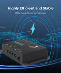 12V 30A PWM Solar Charge Controller with 4 stage charging for lithium, gel, and flooded batteries, shown with efficiency graphics