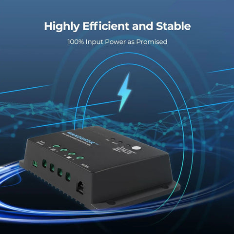 12V 30A PWM Solar Charge Controller with 4 stage charging for lithium, gel, and flooded batteries, shown with efficiency graphics