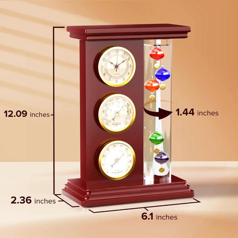 Galileo Style Glass Thermometer With Quartz Clock, Analog Barometer And Hygrometer, Indoor Outdoor Weather Station in Wood Frame
