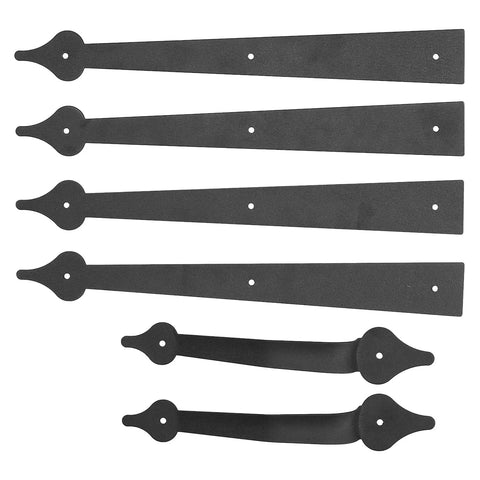 Matte Black Garage Door Hinges And Handles Kit, Carbon Steel Hardware Set with 4 hinges and 2 handles on white background