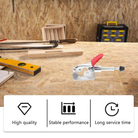 4 Piece Quick Release Toggle Clamp Set With Push Pull Straight Line Action on a woodworking bench, surrounded by tools.