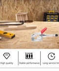 Four Piece Quick Release Toggle Clamp Set For Woodworking Jigs And Fixtures on a woodworking bench with tools in the background.